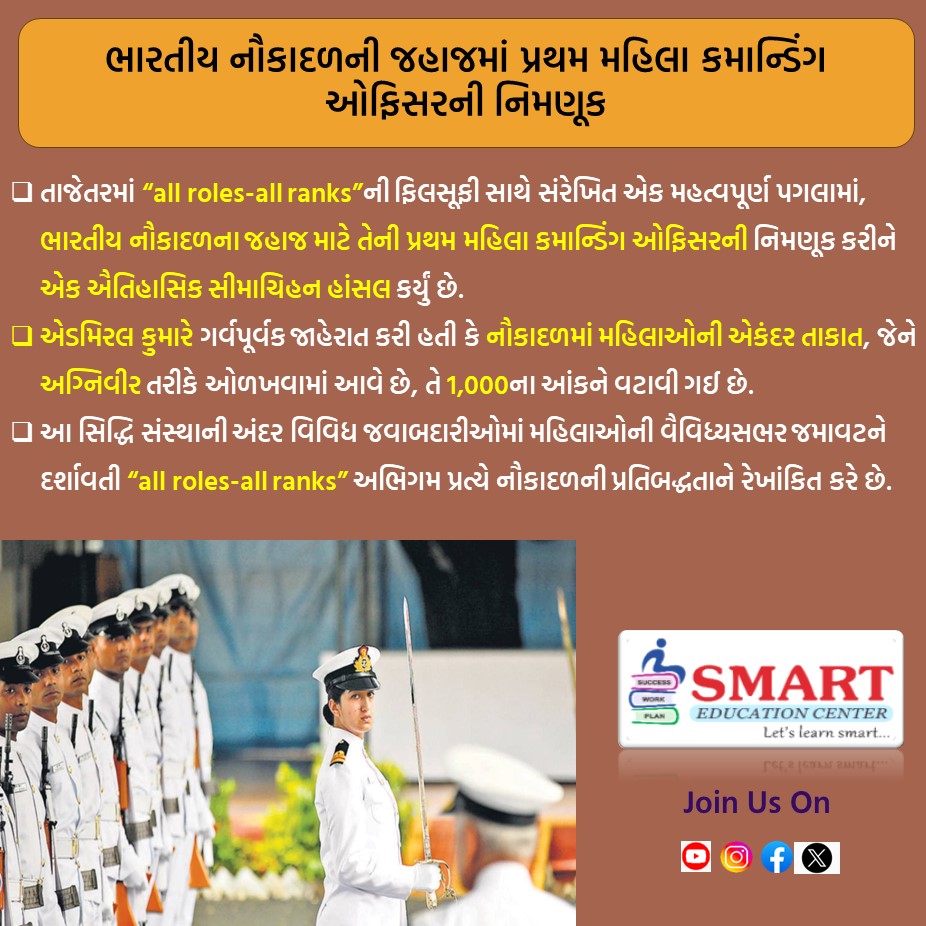 SMARTEDUCENTBVN's tweet photo. ભારતીય નૌકાદળની જહાજમાં પ્રથમ મહિલા કમાન્ડિંગ ઓફિસરની નિમણુક
#exercisesmilan #army #nevy #milan #exercise #constable #currentaffairs_daily_  gandhinagar #gujaratgk #gktricks #gkfacts #police ##gkbook #talati #class3 #gujarat #gujaratbharti #psi #constable #currentaffairs_daily_ https://t.co/gdPCncEaD4
