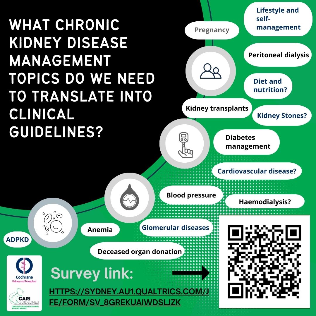 Attention health professionals and individuals with #ChronicKidneyDisease We need your help to rank broad Chronic Kidney Disease topics via a 3-round Delphi survey. This will determine the kidney health communities' priorities for updating evidence. To determine the topics,
