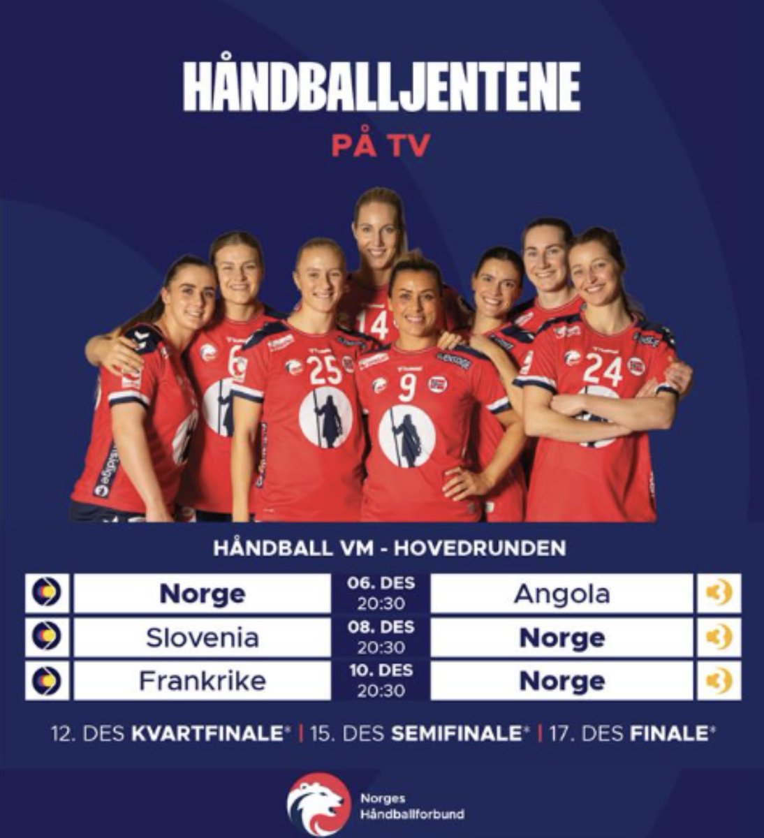 Håndballjentenes kamper i hovedrunden. Alle kampene starter kl. 20.30 og ses på kanalen TV3 og <a href="/ViaplaySport/">Viaplay Sport (NO)</a> <a href="/etlangerud/">Erik Thomas Langerud</a>