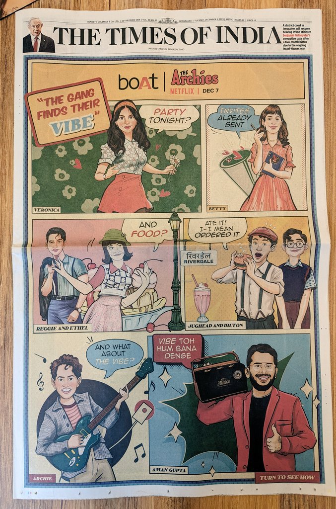 PGAditiya's tweet photo. Returning the #Archies back to its original artform to on today's front page TOI. 

Comic timing courtesy
@TheNewThing_in x @TalentedAgency x @RockWithboAt x @NetflixIndia https://t.co/Fekb9ulO3W