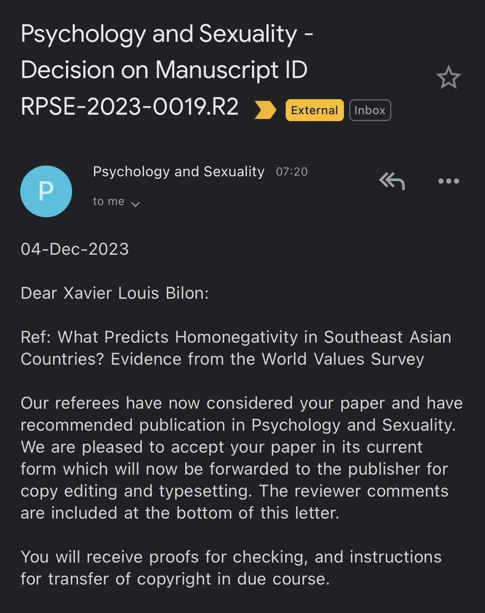 xjbilon's tweet photo. Our work has been accepted for publication in Psychology &amp; Sexuality (Q1 Gender Studies)! 🥳🏳️‍🌈

Bilon, X. J., &amp; Clemente, J. A. R. (in press). What predicts homonegativity in Southeast Asian countries? Evidence from the World Values Survey. Psychology &amp; Sexuality.

1/2 https://t.co/z3LNz4o4Ak