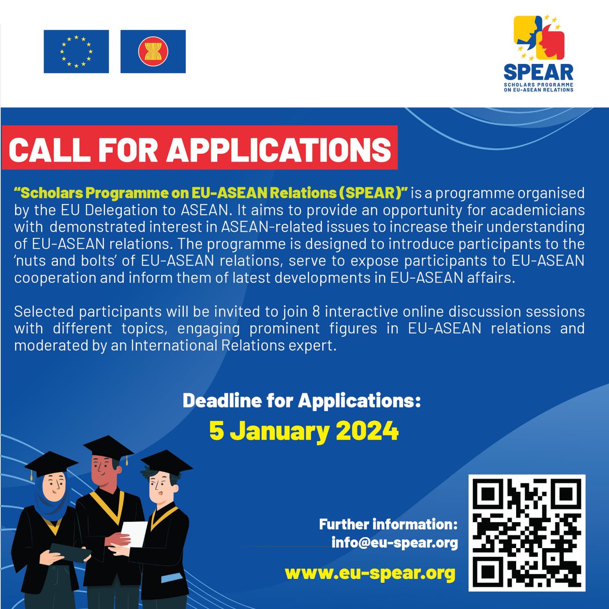 EUinASEAN's tweet photo. Are you a scholar? Are you a citizen of an ASEAN country or Timor Leste? Are you interested in EU-ASEAN relations? Apply to join the "Scholars Programme on EU-ASEAN Relations (SPEAR)”. Deadline to apply is 5 January 2024. Don’t miss it. For details, visit: https://t.co/hOwywzFxay https://t.co/XuWhPLw2Mm