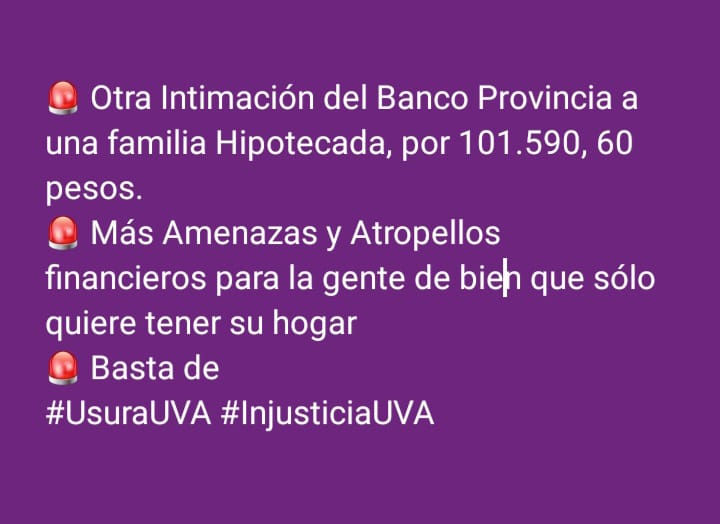 Otra familia intimada por el banco. Se necesitan medidas urgentes. Basta de #UsuraUVA 

<a href="/todonoticias/">TN - Todo Noticias</a> 
<a href="/sergiolapegue/">Sergio Lapegüe</a> 
<a href="/bancoprovincia/">Banco Provincia</a> 
<a href="/BancoCentral_AR/">BCRA</a> 
<a href="/BancoNacion/">Banco Nación</a> 
<a href="/A24COM/">A24.com</a> 
<a href="/Kicillofok/">Axel Kicillof</a>