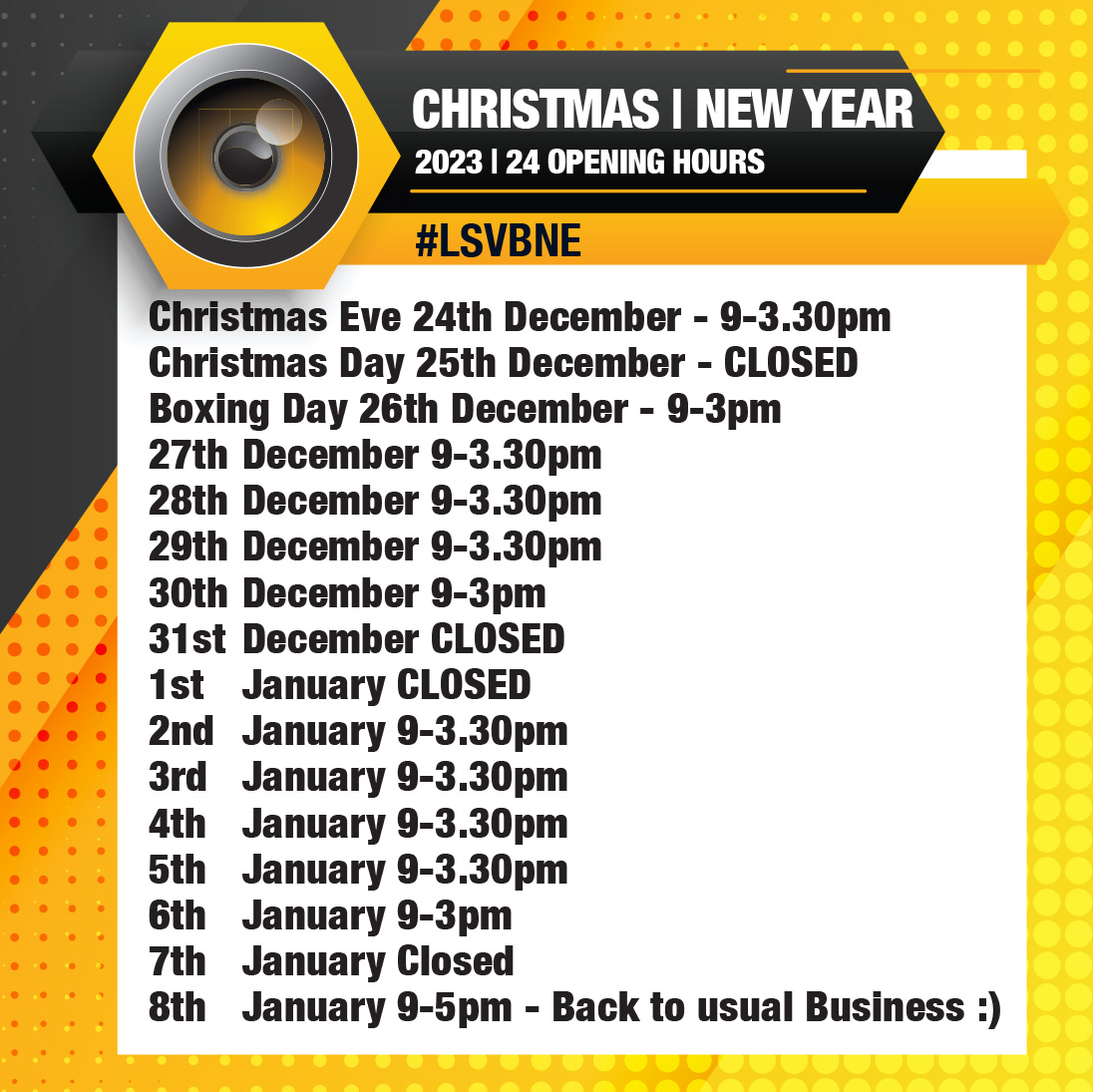 LSVBNE's tweet image. Here they are... Holiday Opening Hours. How's your wish list going? When was the last time you checked out our #LSVBNE specials page 👉 livingsound.com.au/collections/sa…