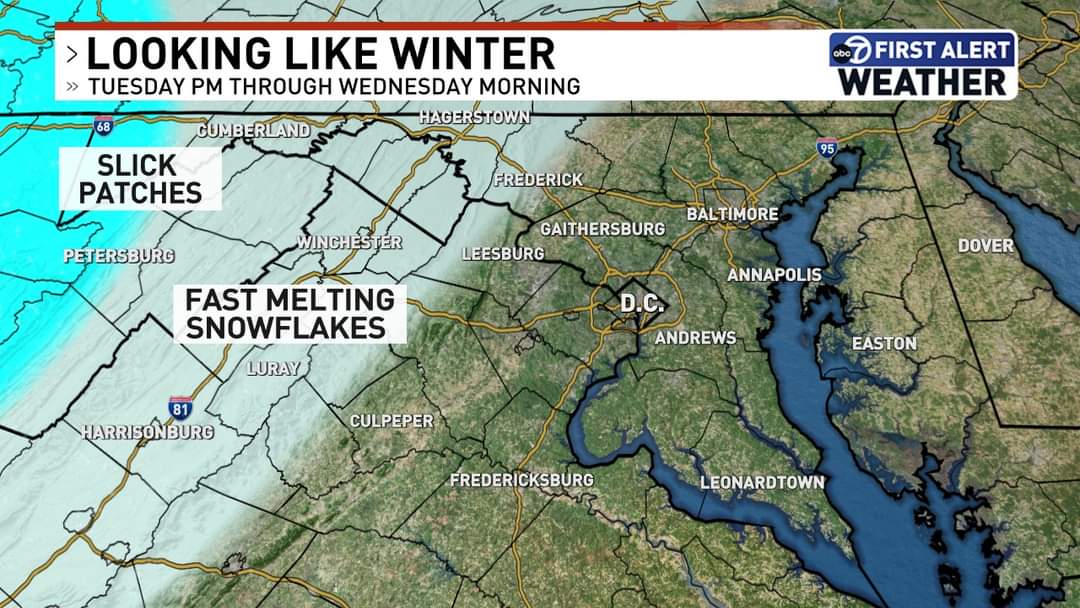VJohnson7News's tweet photo. First Snowflakes Possible. Tracking the next #WeatherMaker bringing mainly rain with some wet snowflakes mixing in at times early Wednesday morning. @7NewsDC https://t.co/l6VERE1yRy