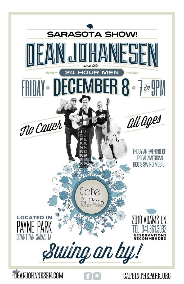Dean Johanesen & The 24 Hour Men at Cafe in the Park - Sarasota - 7-9pm Friday, December 8th. 
Swing on by. !![:{)> 
@cafeintheparksrq #deanjohanesen #circusswing #americanrootsmusic #deanjohanesenandthe24hourmen #sarasota #livemusic #swingonby