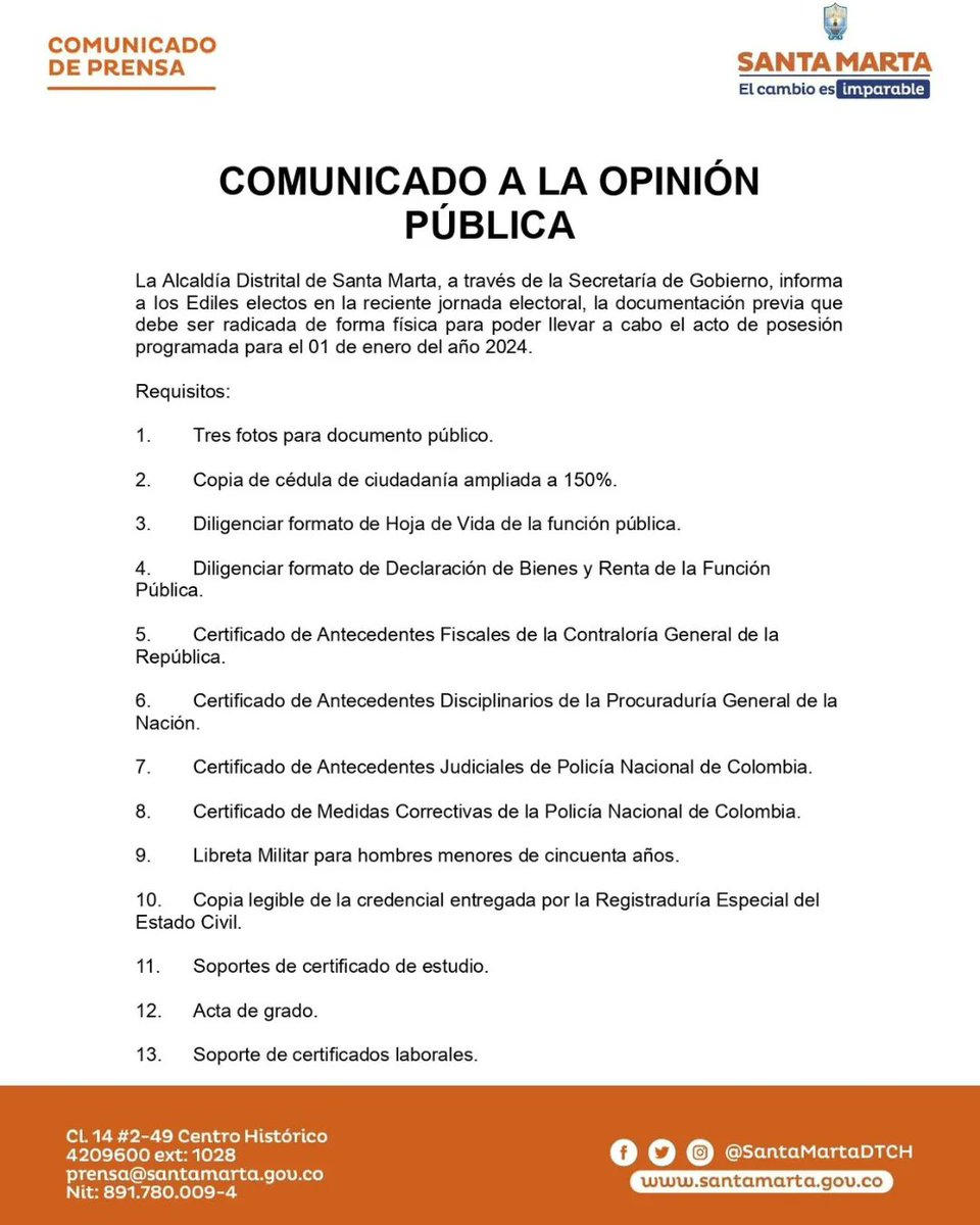 Localidad2_SMR's tweet photo. 🚨INFORMACIÓN IMPORTANTE🚨

COMUNICADO A LA OPINIÓN PÚBLICA

La Alcaldía Distrital de Santa Marta, a través de la Secretaría de Gobierno, informa a los Ediles electos en la reciente jornada electoral, 🧵 https://t.co/fqqts4U22S