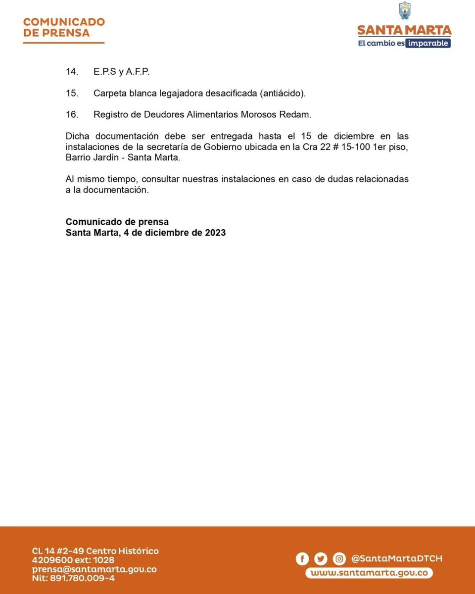 Localidad2_SMR's tweet photo. 🚨INFORMACIÓN IMPORTANTE🚨

COMUNICADO A LA OPINIÓN PÚBLICA

La Alcaldía Distrital de Santa Marta, a través de la Secretaría de Gobierno, informa a los Ediles electos en la reciente jornada electoral, 🧵 https://t.co/fqqts4U22S