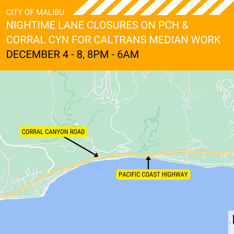 CityMalibu's tweet photo. Caltrans will have overnight lane closures of PCH at Corral Canyon in Malibu Dec. 4 - 8, 8PM - 6AM for median work. Watch for workers &amp; vehicles. See details: 
https://t.co/sVXMt59EGu https://t.co/ezktuOz79p
