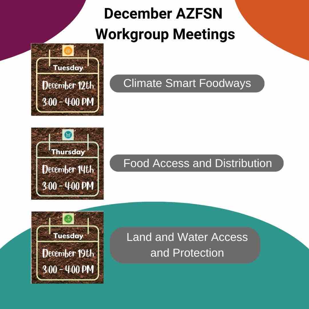 PinnaclePrevent's tweet image. Join Arizona Food System Network workgroup for their final meetings of 2023! AZFSN workgroups are used to carry out and track the progress of the four priorities included in the food action plan.

Visit azfsn.org to register.