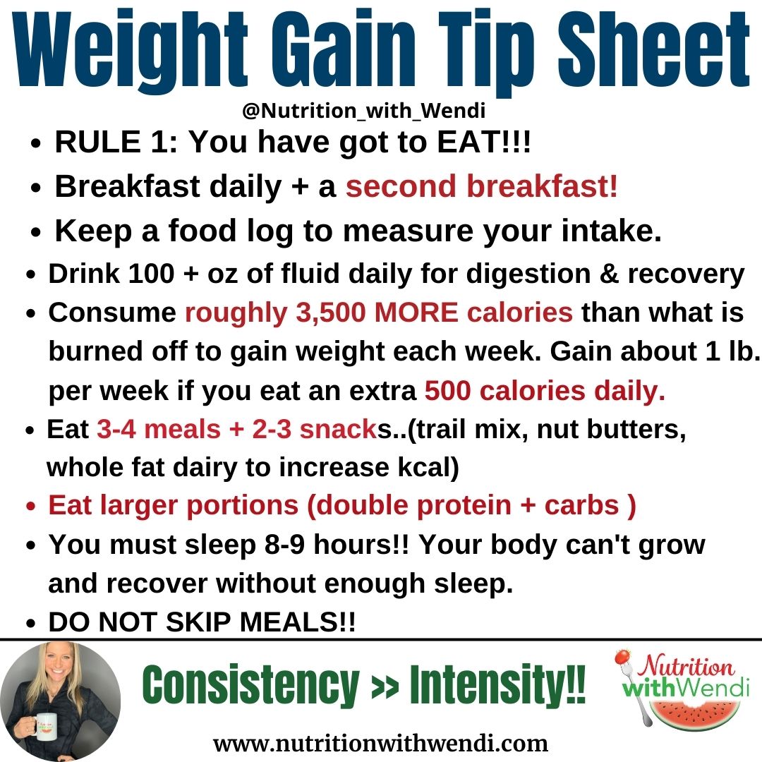 If you want your athlete to gain weight they're going to need to eat more kcal, protein, carbs, and drink more fluid.

A 6'0  185 lb. athlete is going to need 6,000+ kcal, 200 g protein, 500 g CHO , 90 g+ of fat daily to gain muscle if they are training &gt; 2 hours per day 7 days a