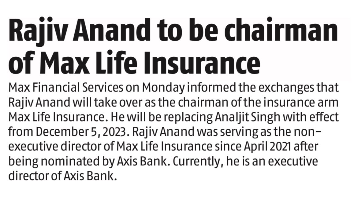 Congratulations 💐 on take over as the chairman of the insurance arm Max Life Insurance. 
@rajivanand @MaxLifeIns #RajivAnand #Maxlifeinsurance #AxisBank @AxisBank