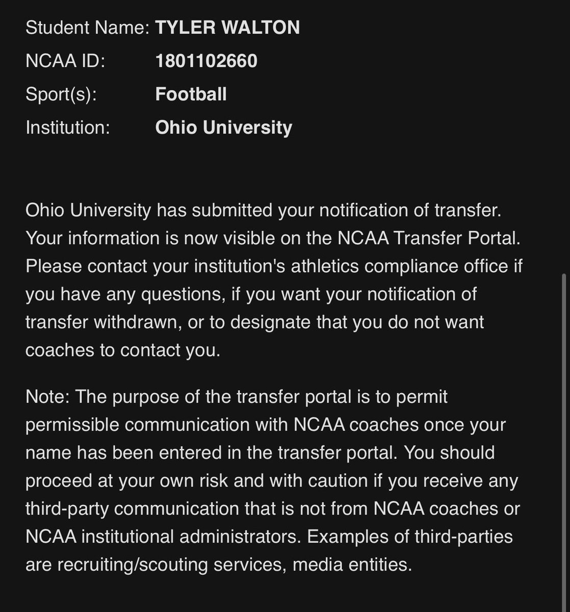 I have officially entered the transfer portal as a grad transfer with one year of eligibility remaining. 
Respect it,
-Tdub♾️☮️
