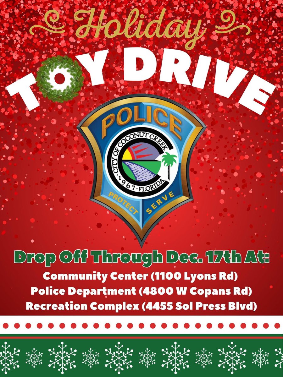 CoconutCreekPD's tweet photo. The #ForceIsStrong with our #HolidayToyDrive #donation bin in the PD lobby! Help us help local families who need a boost this #HolidaySeason. We’re accepting new, unwrapped toys through Dec 17. Ages range from newborns to teens. Gift cards are helpful. Please leave those at PD. https://t.co/qjGWBxFbky