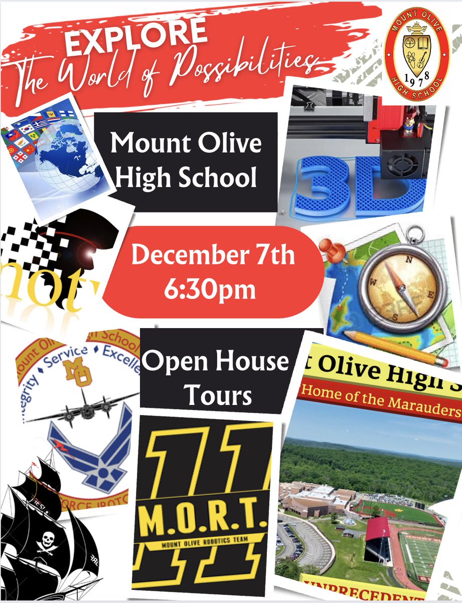 Mount Olive High School - Open House Tours - December 7th - 6:30pm - Discover Our World-Class Programs and 21st Century Facilities! - All District Families Are Invited! - Bring a Friend! - MARAUDER EXCELLENCE! - MARAUDER PROUD!