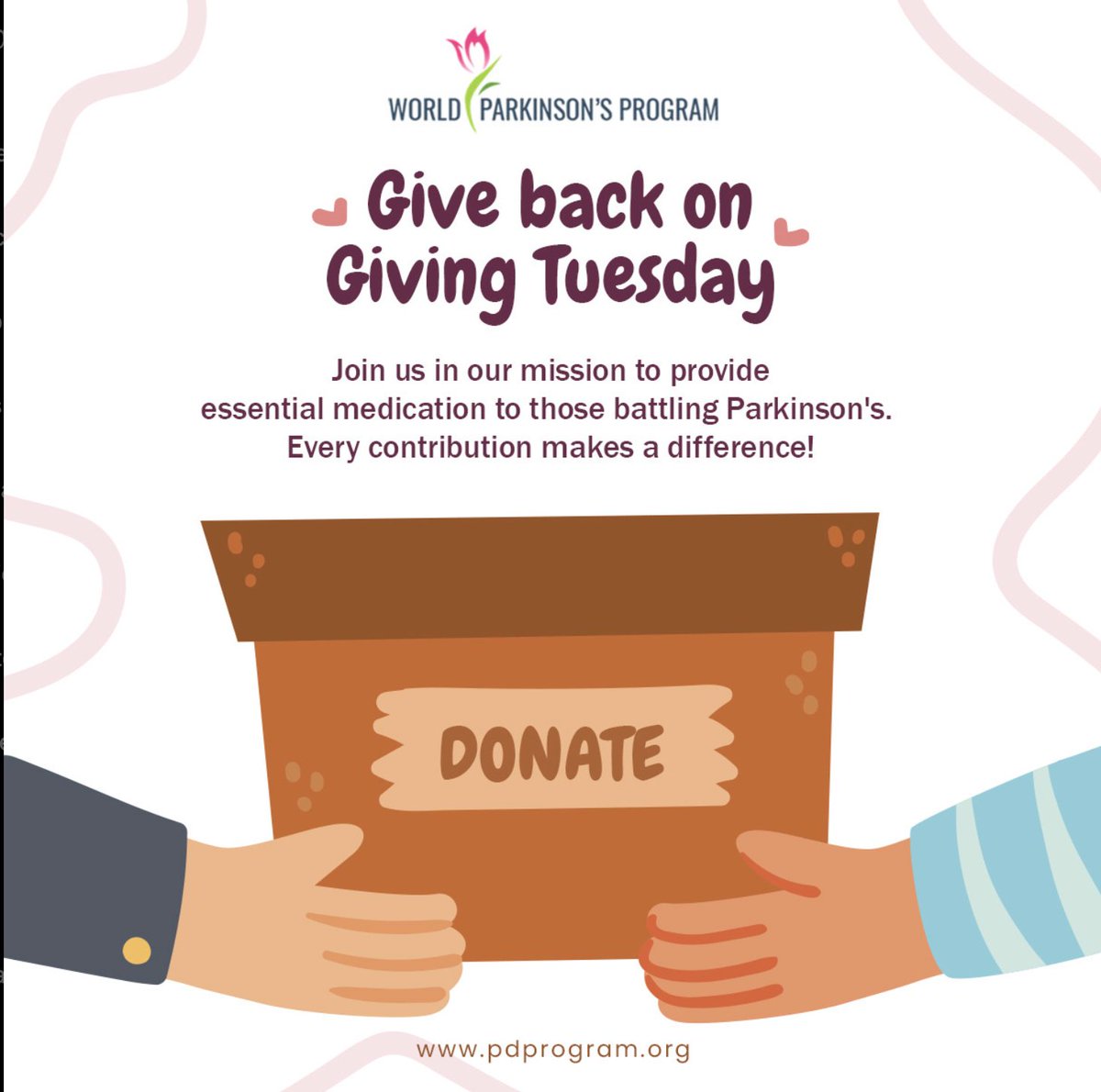 Today is all about giving back! Join us in our heartfelt mission to provide essential medications to individuals courageously battling Parkinson's. Your support,big or small, can transform lives. Let's unite on this special day of generosity #GivingTuesday pdprogram.org/donate-now/