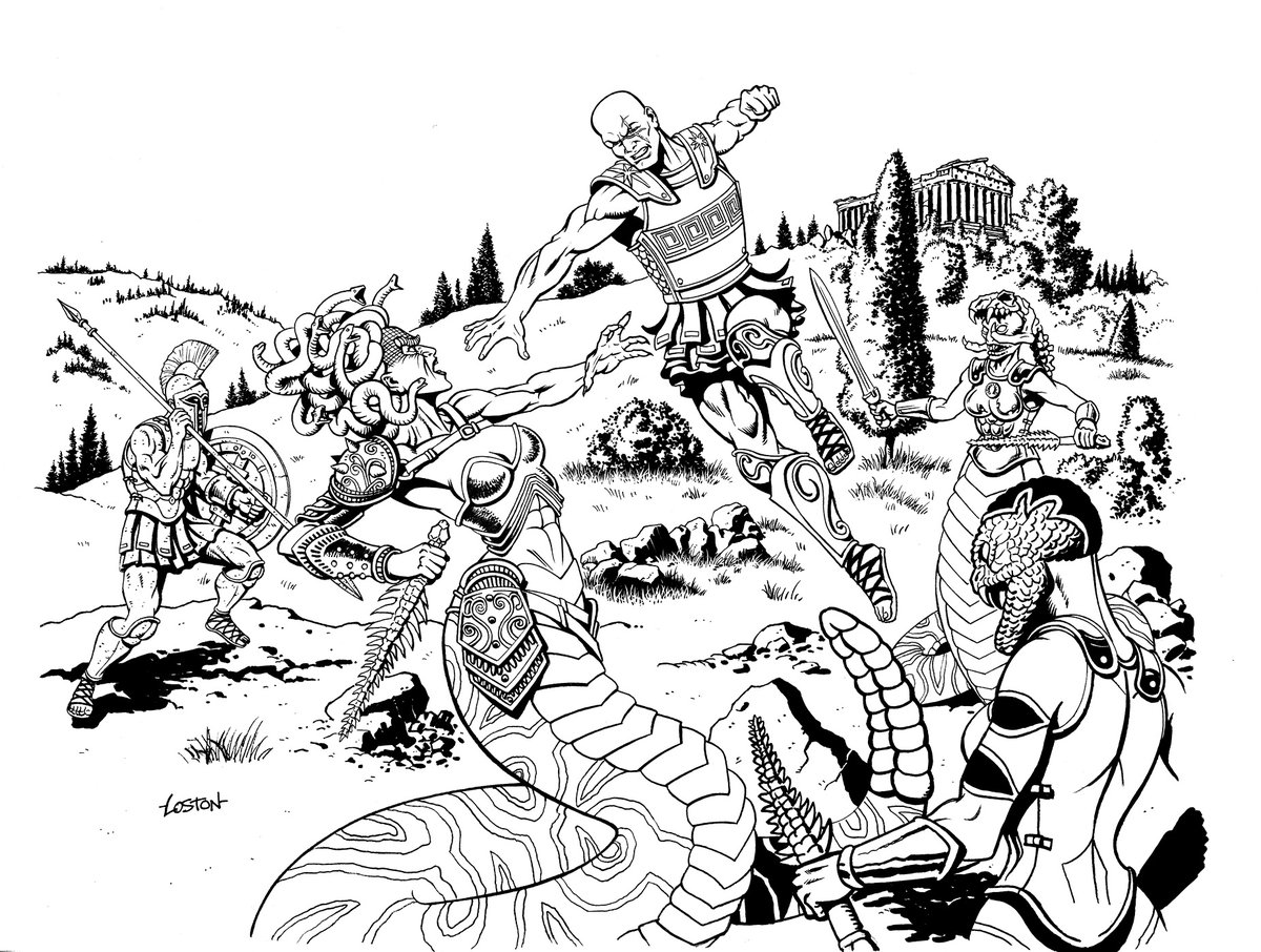 Loston_Wallace's tweet photo. #Medusa #KingLeonidas #Spartans #Gorgons #Sthena #Stonefist #BossFightStudio 
Let's get ready to rumble! The lid and bottom b&amp;w art that I did for a metal lunchbox for Boss Fight Studio that contained a re-released action figure of King Leonidas, the Spartan hero. https://t.co/Bb3RYHgr1z