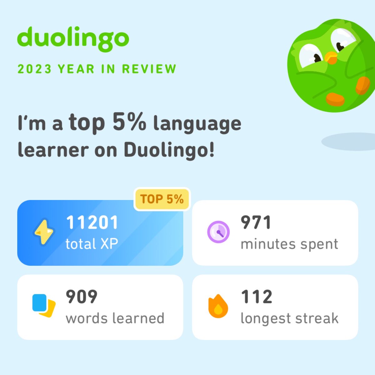 AnnMarieMacKay's tweet photo. Look how much I learned on Duolingo in 2023! How did you do? #Duolingo365 https://t.co/qz3Iddsc8j