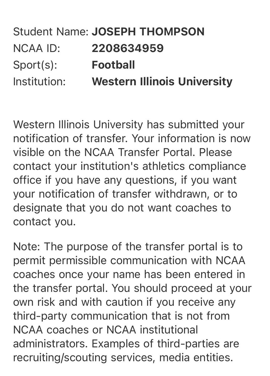 I have entered the transfer portal. Thank you to my coaches and teammates at Western Illinois University. WR/ATH with 3 years of eligibility remaining.

youtu.be/X_-fyl4XlIE