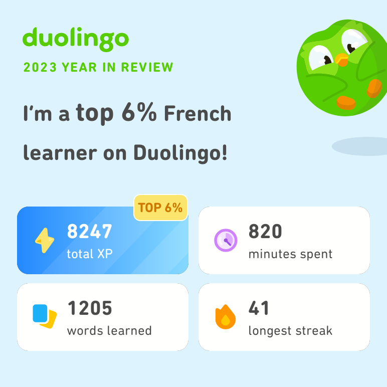 SoteroFernando's tweet photo. Look how much I learned on Duolingo in 2023! How did you do? #Duolingo365 https://t.co/s21crDtzaF