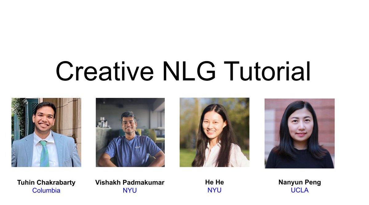 Coming to #EMNLP2023 and want to learn about all the progresses, recent work and future directions in Creative NLG? #NLProc Attend our inperson tutorial T6 tomorrow(December 6) at Pisces 2 & 3 ⏰ 14:00-17:30 emnlp2023-creative-nlg.github.io @vishakh_pk @hhexiy @VioletNPeng