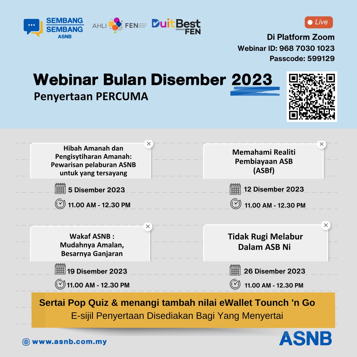 ASNBmy_official's tweet photo. Jom sertai Webinar Sembang-sembang ASNB dengan pelbagai topik menarik sepanjang bulan ini menerusi platform Zoom. Pelbagai topik yang akan dikongsikan antaranya berkenaan pelaburan ASB, Wakaf ASNB, dan perancangan pewarisan ASNB.
Link Zoom: https://t.co/Hx1vmnpePC
#WebinarASNB https://t.co/5wytMwplHm