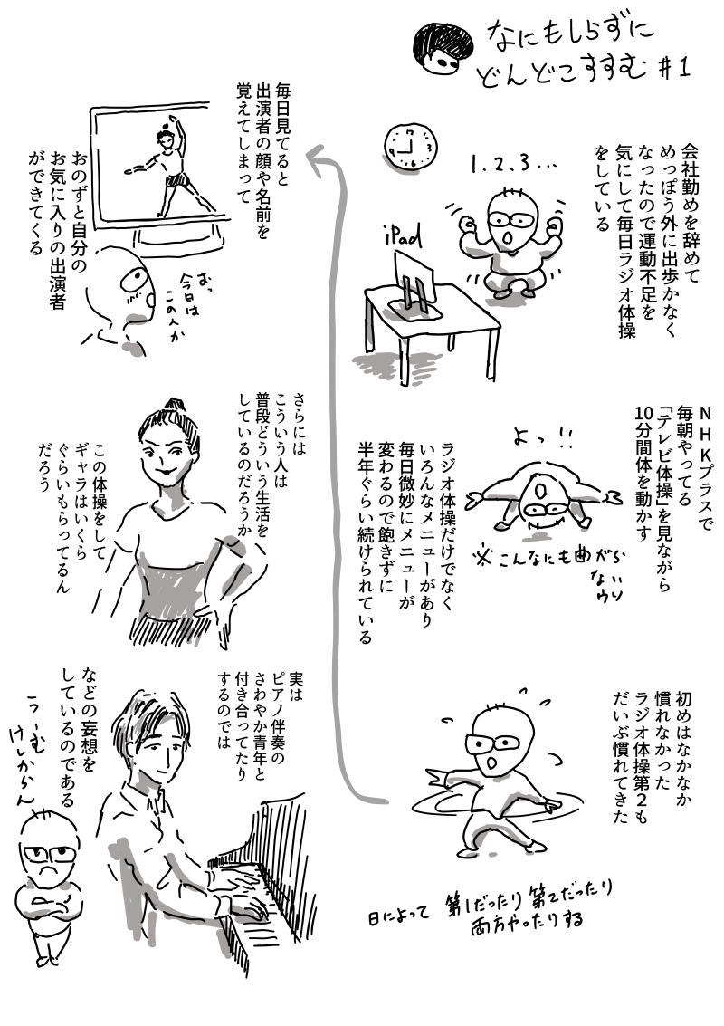 会社を辞めてから毎日欠かさず、NHKプラスのテレビ体操でラジオ体操をしている。毎日メニューが変わるのと、季節ごとにも体操メニューが更新されるので、飽きずに続けられている。 