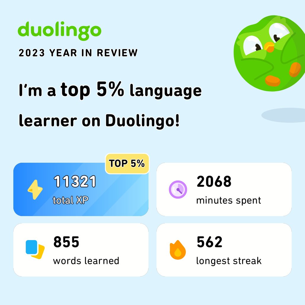 Look how much I learned on Duolingo in 2023! How did you do? #Duolingo365