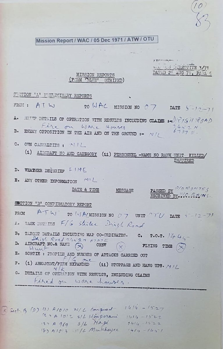 On Day-3, a strike on the radar at Sakesar put it off the air for two days, while Hunters attacked storage hangars at Drigh Road, Karachi. Canberras also kept up the pressure by dropping 144000 Ibs of munitions on four airfields. #IAFHistory #1971War