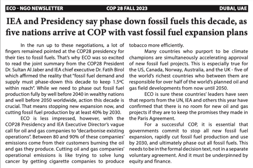 There’s a lot of focus on the COP presidency’s ties to fossil fuels. But many countries claiming to be climate champions- US, Canada, Norway, Australia and the UK - are accelerating approval for new fossil fuel projects themselves.
