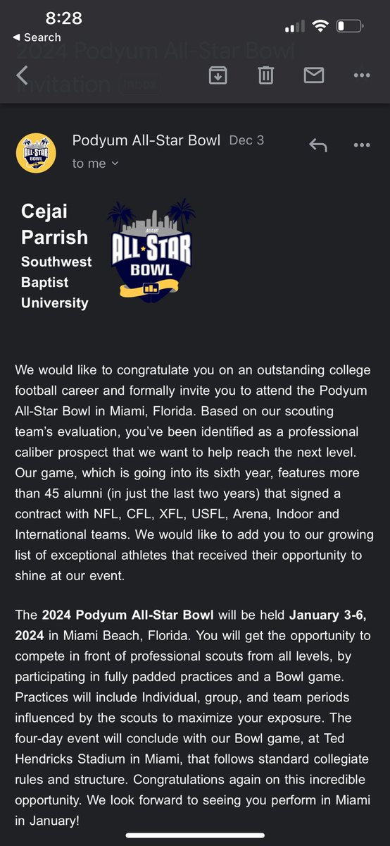 Blessed to receive a Invitation to the 2024  PodYum All- Star Bowl Game. 💯