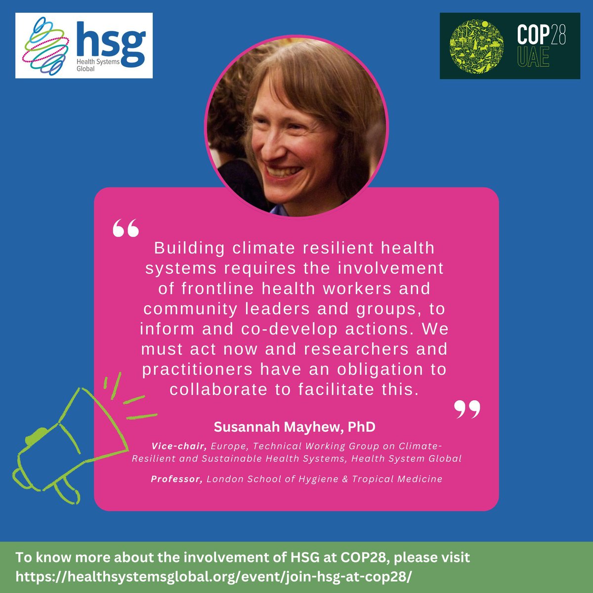 🌍 Meet Susannah Mayhew, PhD, Vice-Chair for Europe, Thematic Working Group on Climate Resilient and Sustainable Health Systems at Health Systems Global! 🌿 Time to act is now! Researchers and practitioners, let's unite for collaborative action at #COP28 buff.ly/49YX9jf