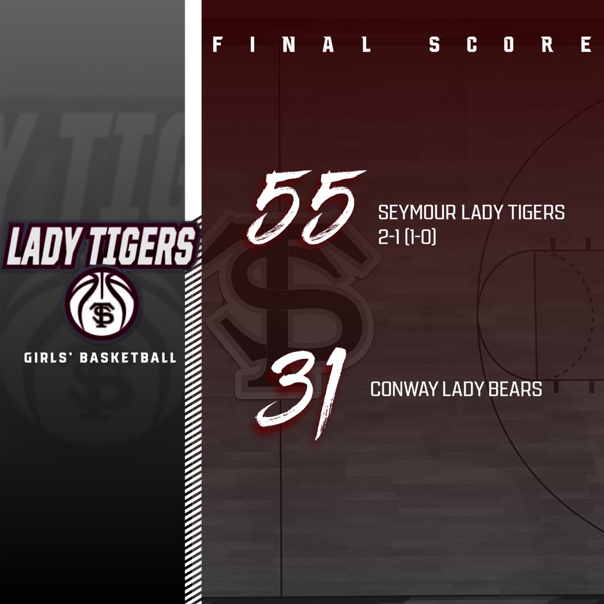 GBB: Seymour 55 - Conway 31 

We’re coming home with wins by both our varsity and JV. 7 ladies scored in our varsity game, and Addison led all scorers with 25.

@CitizenPaper <a href="/scoreboardguy/">SCOREBOARD GUY</a> <a href="/OzarksOzone/">Ozarks Sports Zone</a> <a href="/summitconf_mo/">Summit Conference Sports</a> <a href="/SHS_Tigers_/">Seymour Schools Athletics</a>