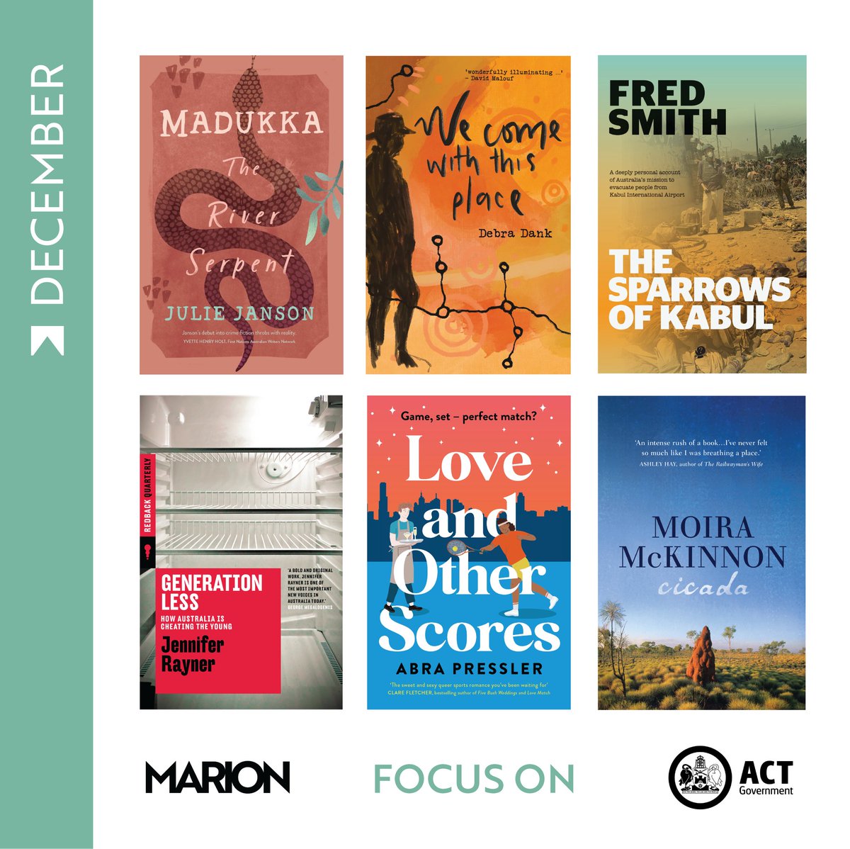 December Focus On is here with more books from writers around our region, as well as new staff reads: marion.ink/focus-on @abra_pressler @JR_Rayner @fredsmithmusic @uwapublishing @echo_publishing @PuncherWattmann @BlackIncBooks @MacmillanAus @AllenAndUnwin