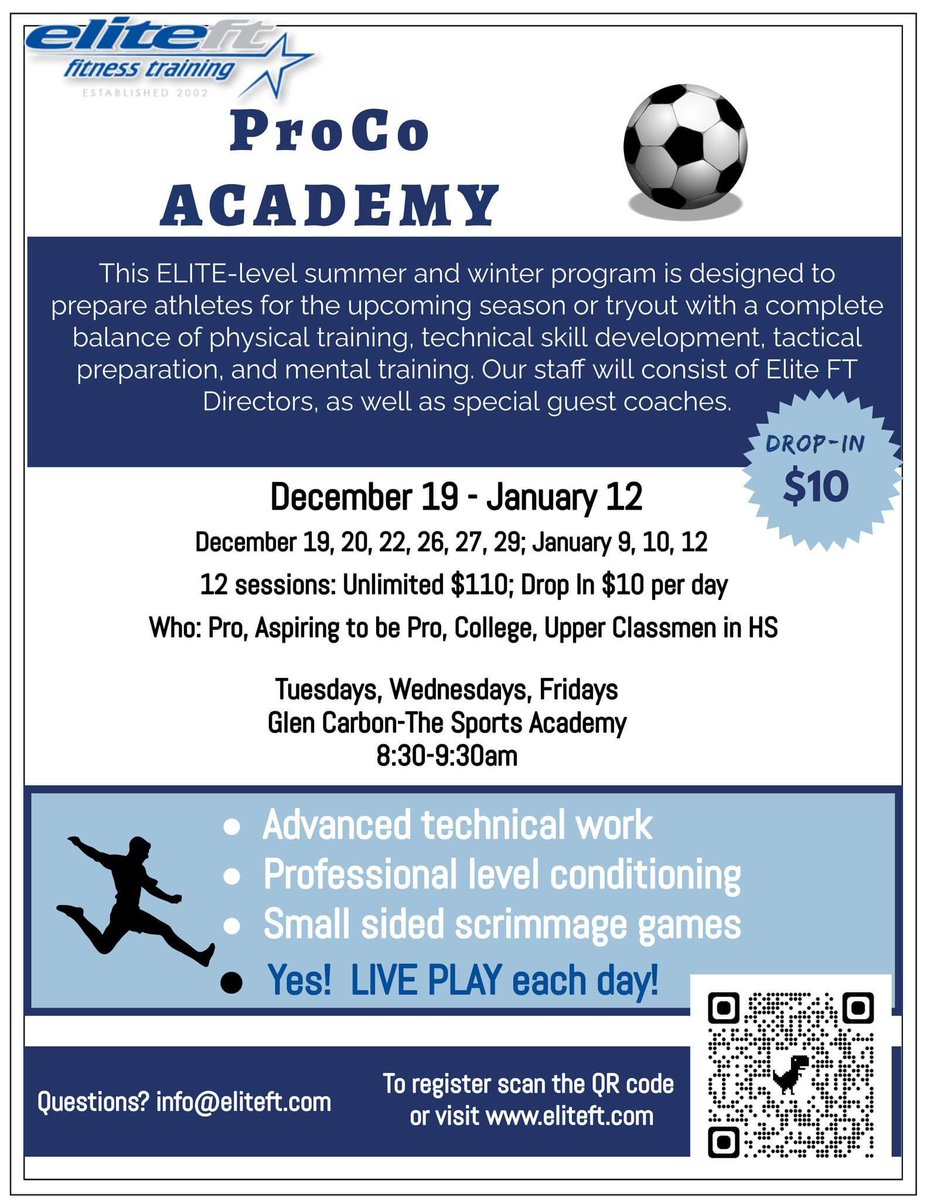 Trying to stay fit in the off-season? Getting ready for spring ball? Book for ProCo over the break for live play with other local athletes home for the holidays! hisawyer.com/elite-ft/sched…