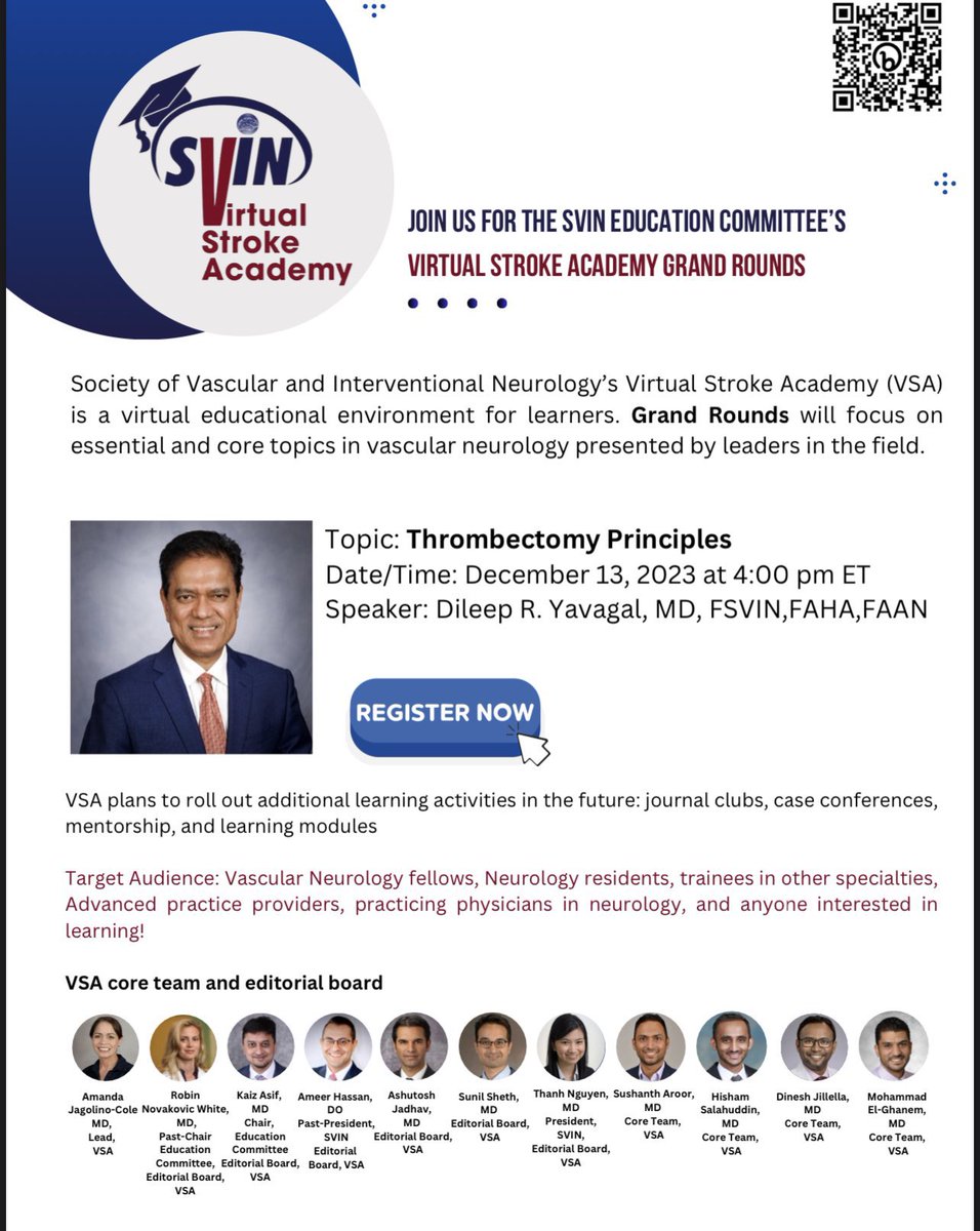 svinsociety's tweet image. Virtual Stroke Academy is back! 
Principal of Mechanical Thrombectomy (MT) presented by Dr.@dyavagal founder and president of Mission Thrombectomy MT2020
Register: smithbucklin.zoom.us/webinar/regist…
@elghanemmoh @MThrombectomy @SVINJournal @StrokeAHA_ASA @YoungNIR @WomenInNeuroIR