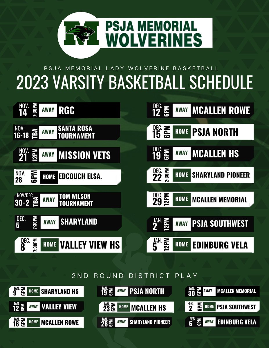 WolverinesHoop's tweet photo. Your Lady Wolverines 23-24 Basketball schedule. 🚨 

Make sure to save this post so you’ll never miss a game. First district game tomorrow at Sharyland @7:30p.m‼️

#compete https://t.co/BJp4S9McIw