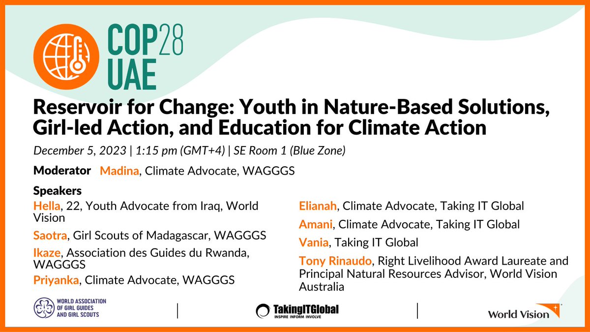 Today I will be speaking at #COP28UAE on nature-based solutions. I am privileged to speak alongside inspirational young leaders in climate action. @WorldVision @wagggsworld @takingitglobal