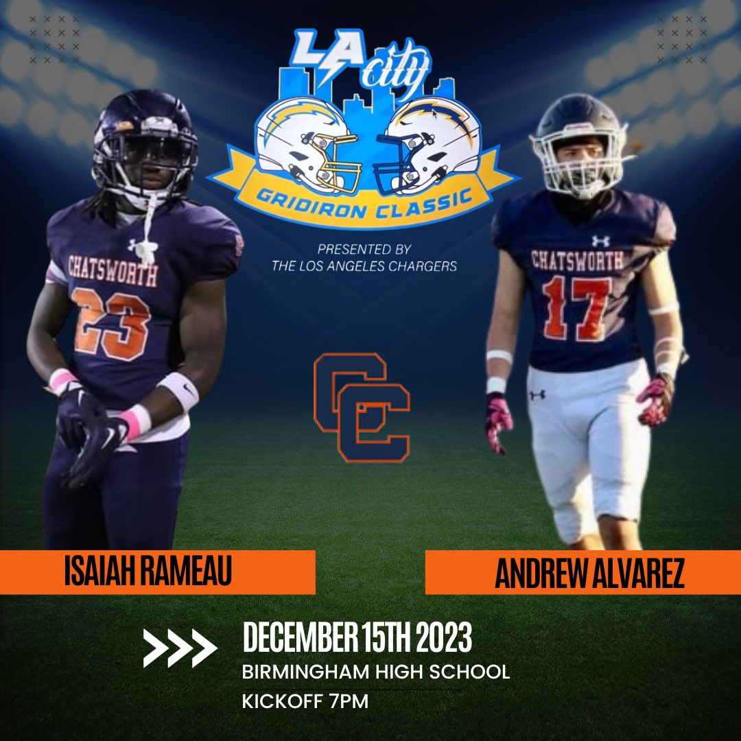 🎉 Congrats to <a href="/Isaiah_Rameau/">Isaiah Rameau</a> &amp; <a href="/drewskii_17_/">Andrew Alvarez</a>  for being chosen to represent Chatsworth High School at the LA CITY GRIDIRON CLASSIC! We are so proud of them and will be there giving our full support 🤝