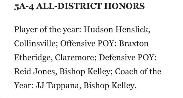 Thank you <a href="/tulsaworld/">Tulsa World</a> for naming me 5a-4 all-district defensive player of the year!