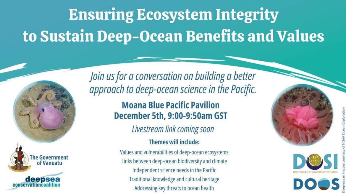 Deep 🌊 science is on the menu this morning at #COP28. The science we need for the ocean we want. 
9am Moana Pacific pavilion. <a href="/SprepChannel/">SPREP</a> 
<a href="/DeepSeaConserve/">Deep Sea Conservation Coalition</a> <a href="/DeepStewardship/">DOSI</a> <a href="/RRegenvanu/">Ralph Regenvanu</a> 
#DefendTheDeep