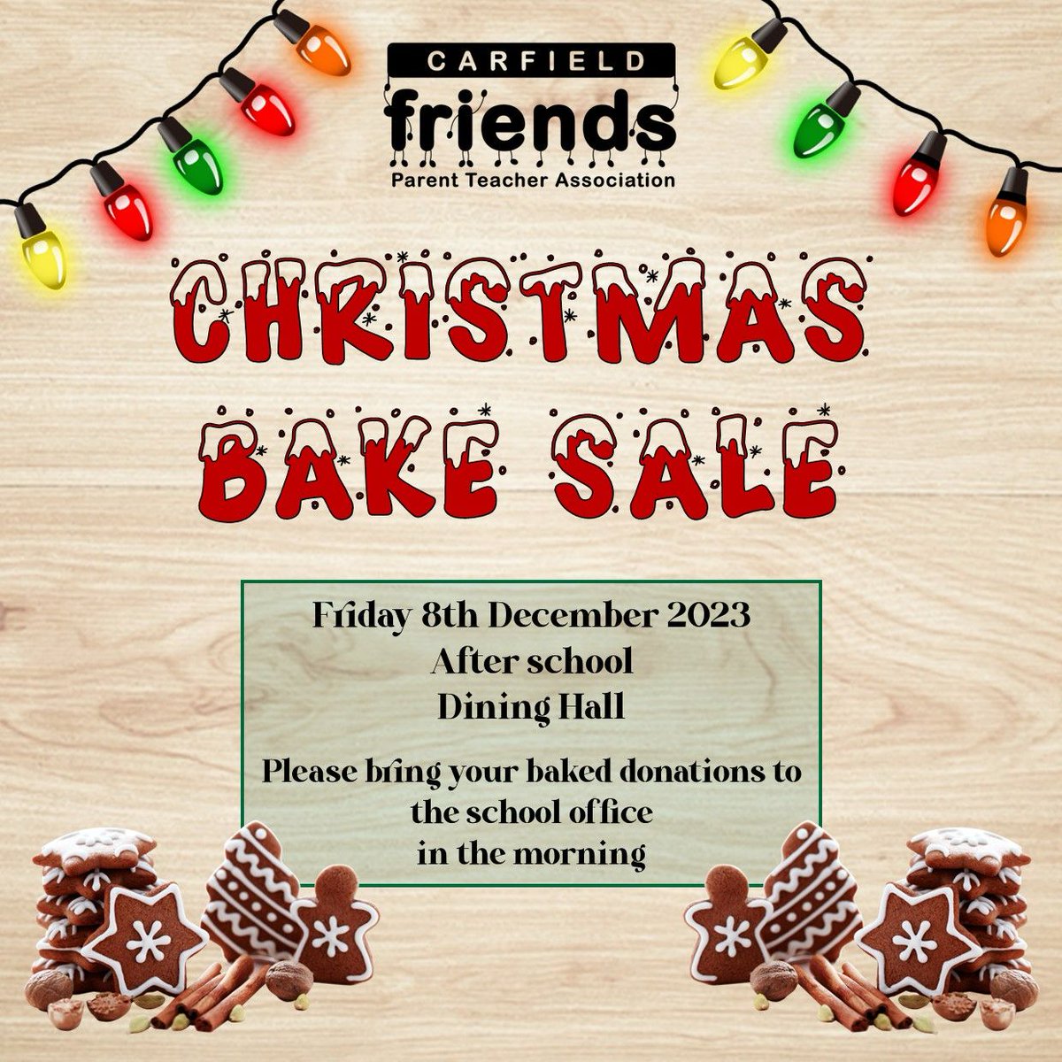 BAKERS! We need you! It’s our Christmas Bake Sale on Friday and we’d welcome your baked donations. Please drop off at the office on Fri morning (8 Dec). Remember to label all your bakes and no nuts. Gluten /dairy free options welcome. See you Fri after school in the dining hall!