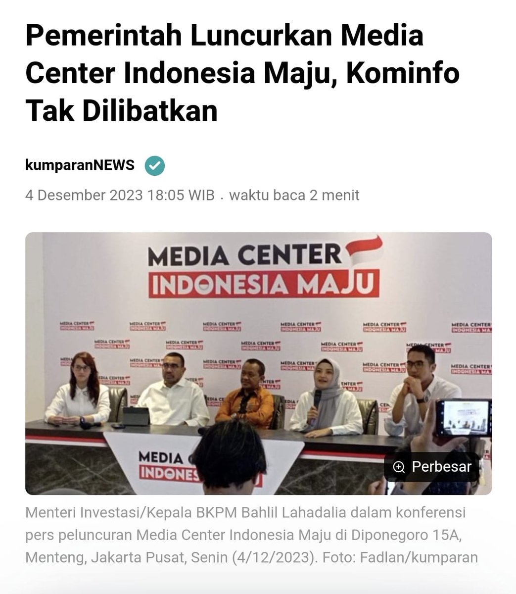 PaltiHutabarat's tweet photo. Setelah Presiden Republik Indonesia Joko Widodo pakai baju biru nomor 22, lalu ada berita intimidasi seni teater Butet kartaredjasa dan Andi Noor, sekarang muncul media center ala-ala kementerian penerangan di era orde baru..

Dan maaf ya, rasanya tolol banget Media Center Indonesia Maju diluncurkan tanpa melibatkan Kominfo.. Emangnya si Bahlil ini bukannya juga tim sukses Prabowo Gibran?! Dan malah ga nyambung karena dia menteri investasi/BKPM..

Sok lagi bilang tidak ada kaitannya dengan copras capres tapi muka bahlil ini kemarin sumringah menjilat Prabowo 😄😄😄

Apa sekarang nama kementerian bahlil diubah aja jadi Badan Komunikasi Penerangan Macam2?!

Hancur kabeh negeri ini..

Yang paling pekoknya lagi ada Tsamara yang bukan pemerintah dan Arya Sinulingga yang orang BUMN.. Makin ga nyambung..

Apa iya lebih jago Tsamara daripada Budi Arie yang menteri Kominfo?!

Rusak sudah negara ini dipakai orang-orang yang diotaknya cuma melanggengkan kekuasaannya..

LAWAN Neo Orba ✊