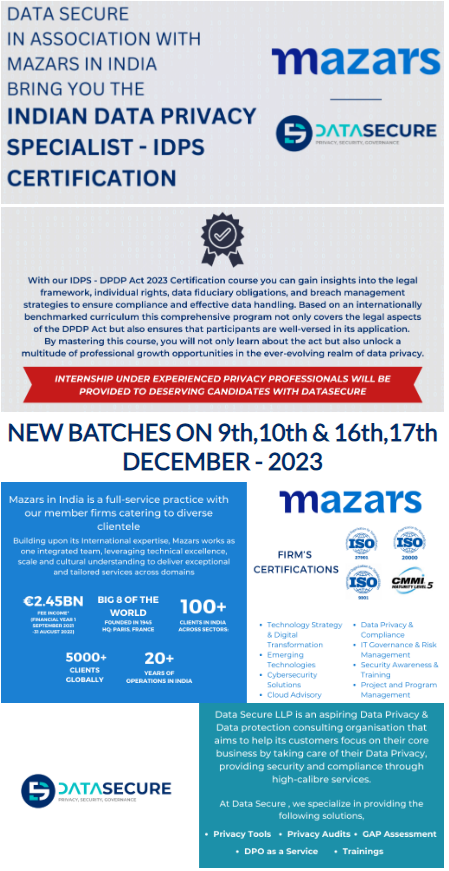 DataLlp's tweet photo. NEW BATCHES STARTING FOR IDPS CERTIFICATION - DPDP ACT 2023

TO KNOW MORE HEAD TO - https://t.co/bS4FyeaTbD

#datasecure #dpdpa #idps #mazars #india #dataprivacy https://t.co/AoFTcvRAg0