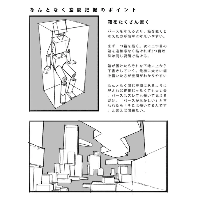なんとなく空間を描くポイント
✅①箱で考える
パースを考えるより、箱を置くと考えたほうが簡単

まず一つ箱を描く。次に二つ目の箱を違和感なく描ければ3つ目以降は同じ要領で描ける

箱が置けたらそれを下地に上から下書きしていく。最初に大きい箱を描いたほうが分かりやすい… 