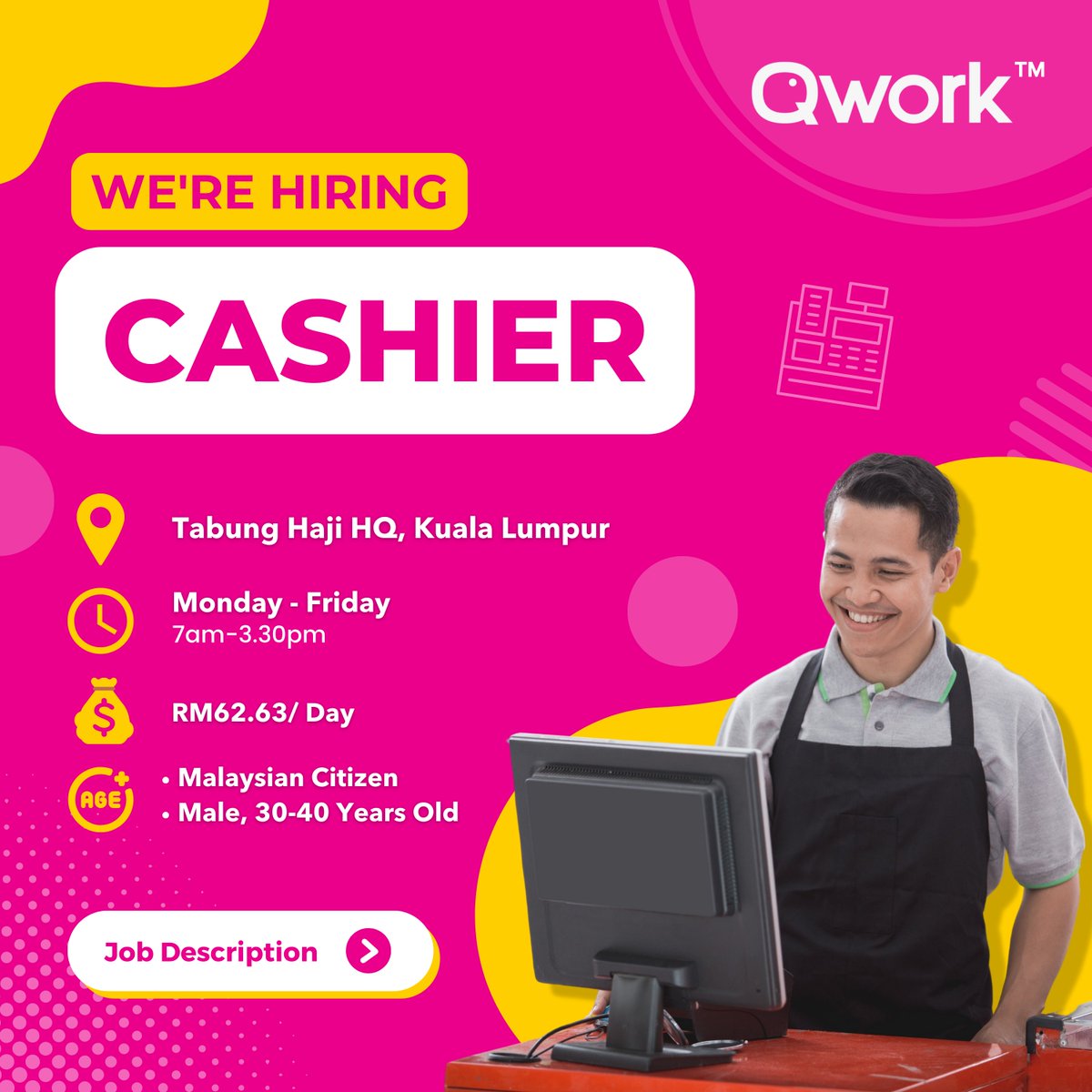 QworkMy's tweet photo. 📢 We're Hiring Cashier in Tabung Haji HQ, Kuala Lumpur📢

🎯 Malaysian Citizen, Age 30-40 years old
📆 Working Days: Monday-Friday
🕛 Working Hours: 7am-3.30pm
📍Location: Tabung Haji HQ, Kuala Lumpur
🚀 Apply Today : https://t.co/U1oZjFmNOY

#Qwork #FutureofWork #hiring https://t.co/qZ8j1R4OeP