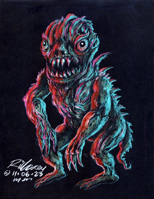 Thedocbot's tweet photo. #MondayMonster sort of day and past drawings still #ForSale 8.5x11 on black card stock. $20 plus postage to your area! Chills! #monsters #monsterart #painting #MonsterMonday #artforsale #originalart #draw #horror #HorrorCommunity #drawrick #artforsalebyartist #colorinkdrawing https://t.co/DkF8wHdZs8