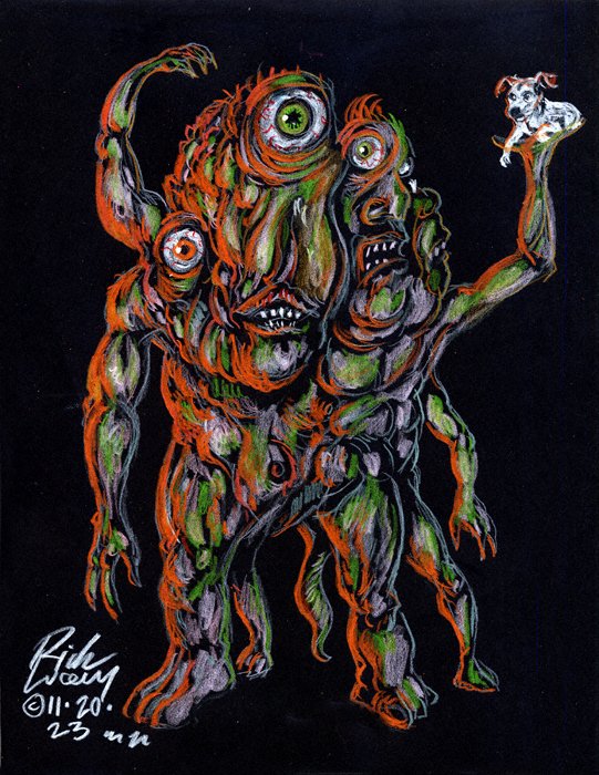 Thedocbot's tweet photo. #MondayMonster sort of day and past drawings still #ForSale 8.5x11 on black card stock. $20 plus postage to your area! Chills! #monsters #monsterart #painting #MonsterMonday #artforsale #originalart #draw #horror #HorrorCommunity #drawrick #artforsalebyartist #colorinkdrawing https://t.co/DkF8wHdZs8