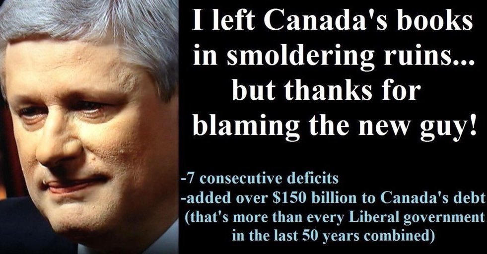 Every dollar of debt that Harper left for the next guy is on the head of every conservative politician today. He left Canada in ruins. #NeverVoteConservative