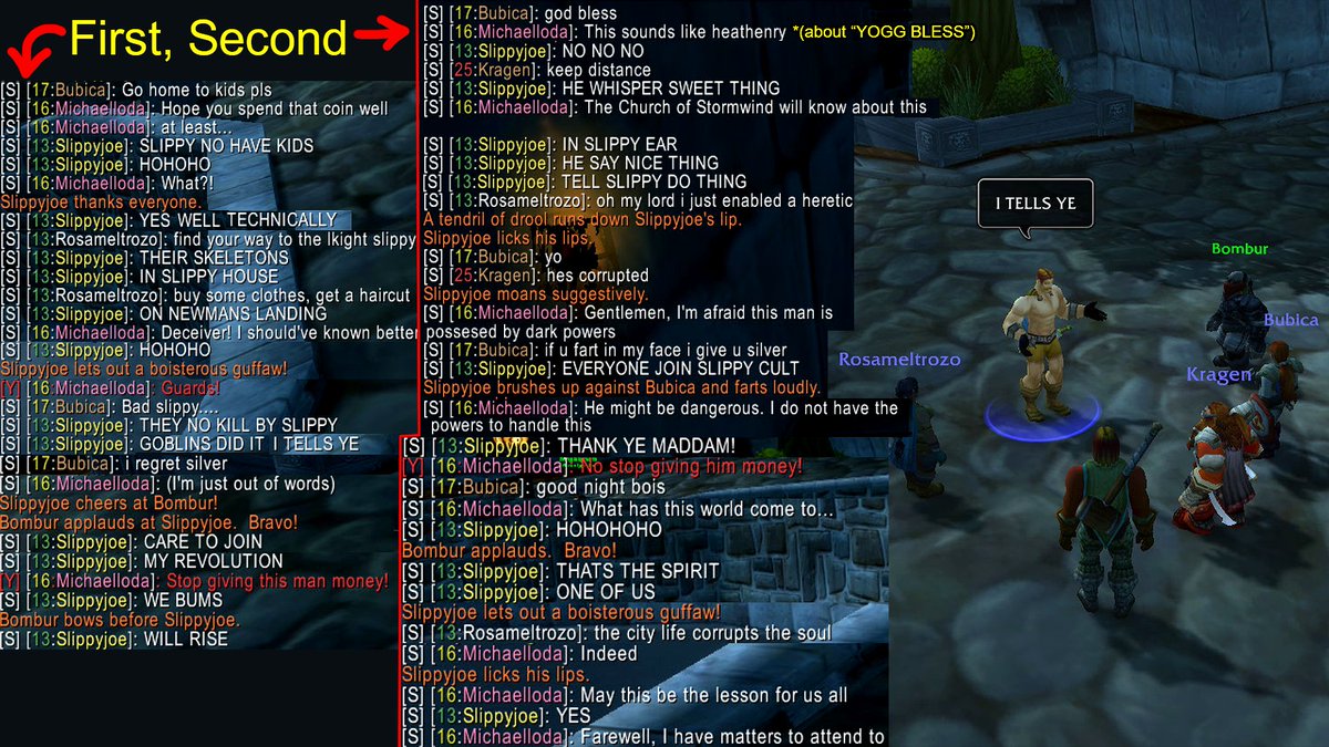 MichaelLoda's tweet photo. "Most normal RP server interaction" Part 2
What the hell did I just experience... Hope you enjoy this little story. May Holy Light bless this poor soul. #SeasonOfDiscovery #Slippyjoe https://t.co/hY3sqBMSwO